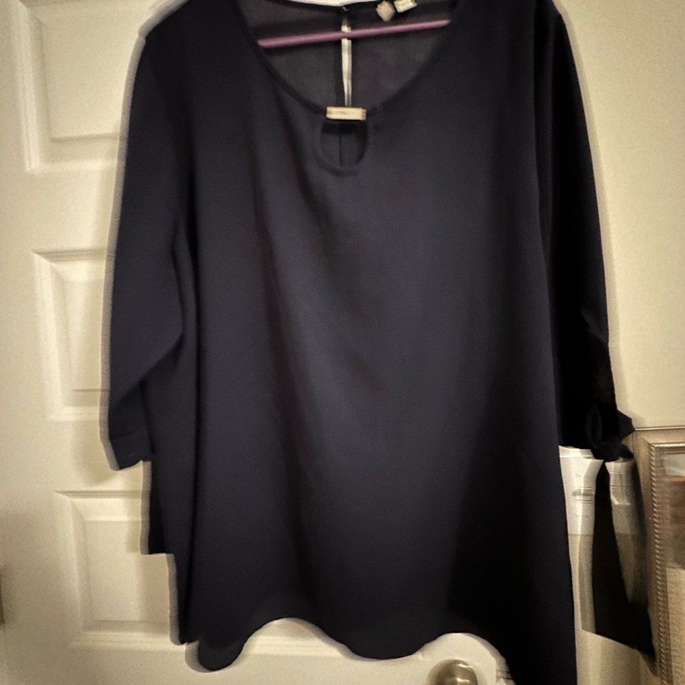 Elegant Navy Women's Top, sheer, tie 3/4 sleeves